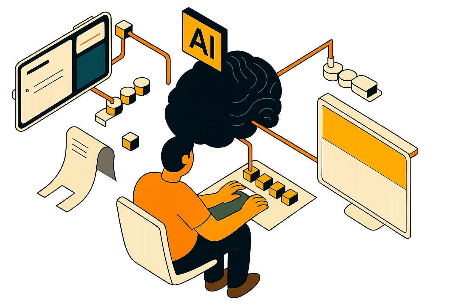 AI and Human Interaction - Brain connected to devices with person typing